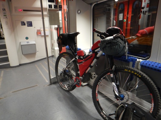 Trying to make sure my bike doesn't fall over during the train ride
